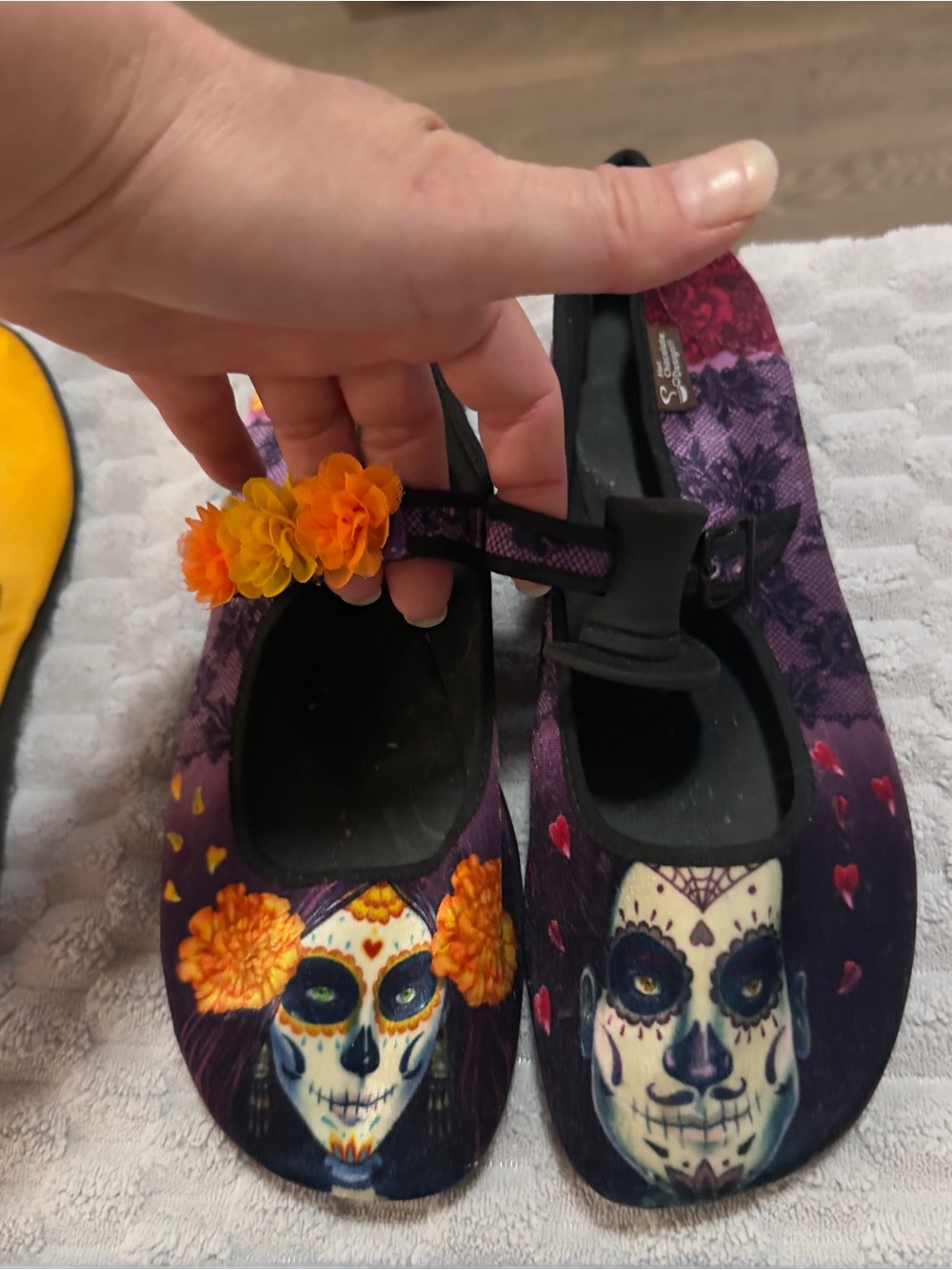 Purple Day of the Dead Mary Jane Flats with Orange Floral Accents